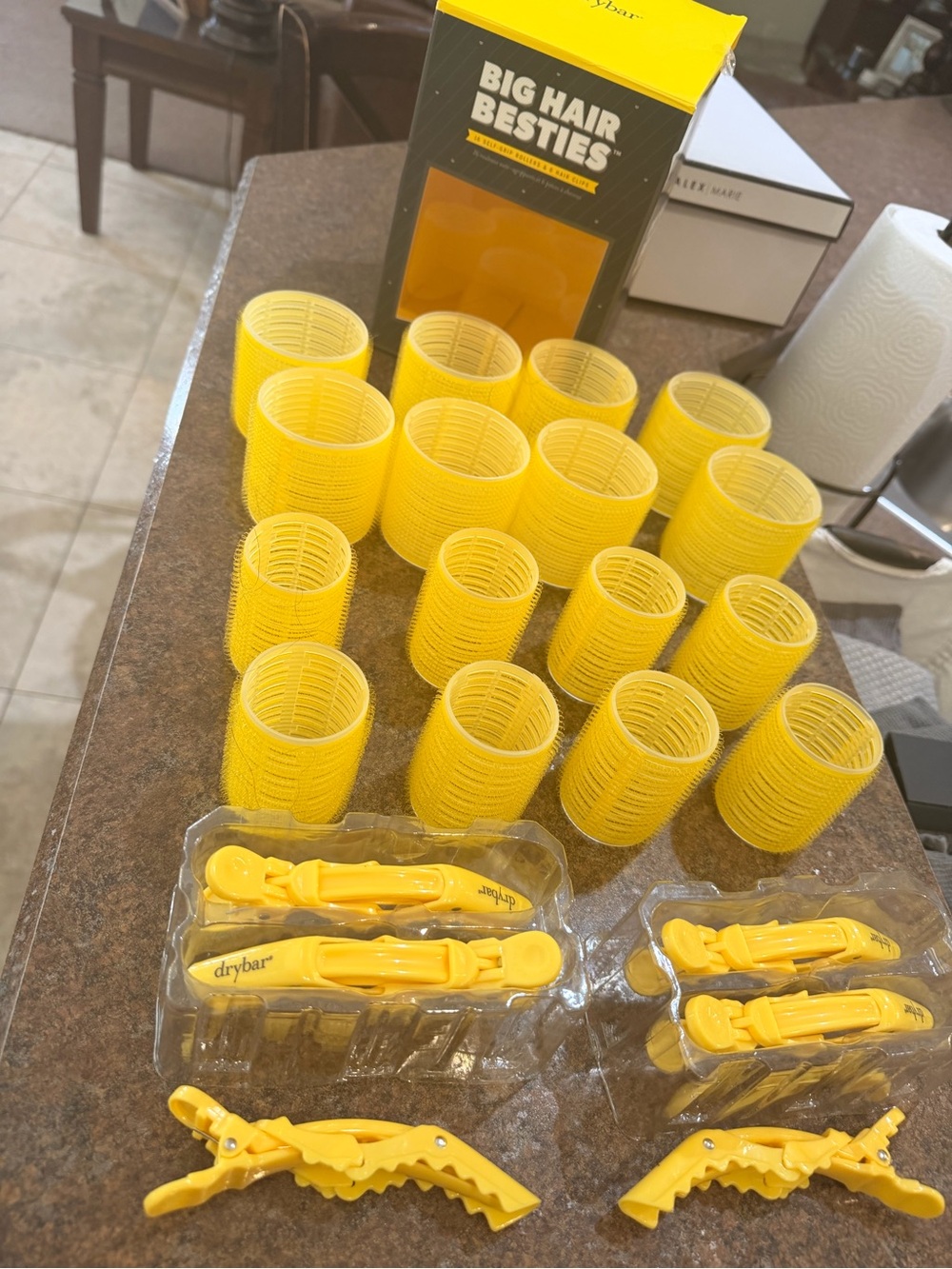 Dry bar, big hair, besties, 16 self grip rollers and six hair clips box yellow